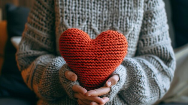 Photo cozy figure holding a large red knitted heart against a chunky gray sweater evoking warmth care and love