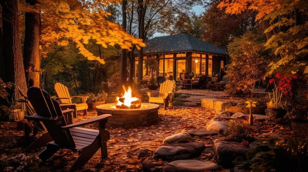 Cozy Fire Pit Illuminates Autumn Backyard Night Landscape