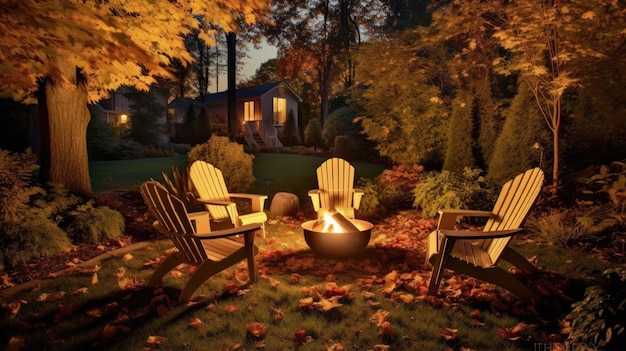 Cozy Fire Pit Illuminates Autumn Backyard Night Landscape