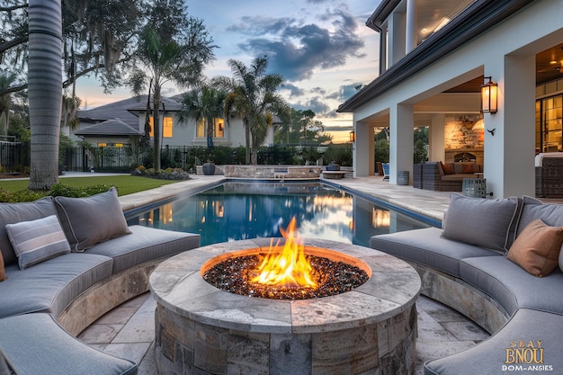 Cozy Fire Pit Lounge by the Pool Comfortable outdoor seating arranged around a fire pit with the pool in the background