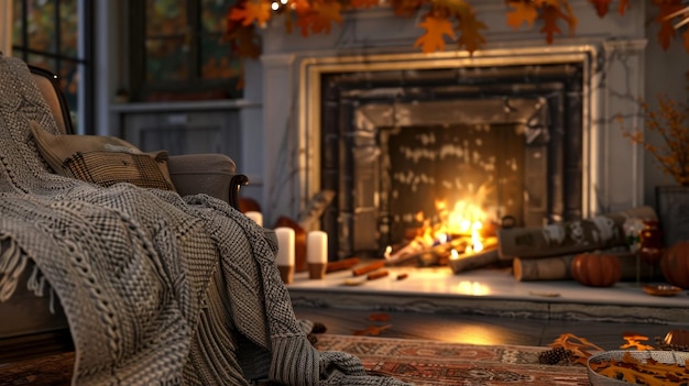 Cozy fireplace ambiance with crackling fire autumn decor and warm throw blanket in close up shot