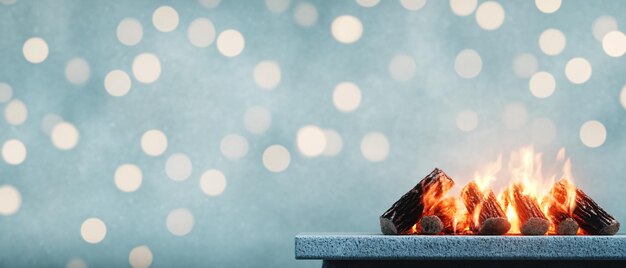 Photo cozy fireplace flames against a soft bokeh background