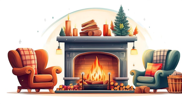 Cozy Fireplace and Home Decor Illustration Scene winter themed clipart that include chimney Christmas trees gift boxes Graphic art illustration isolated