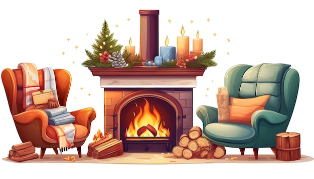 Cozy Fireplace and Home Decor Illustration Scene winter themed clipart that include chimney Christmas trees gift boxes Graphic artwork illustration