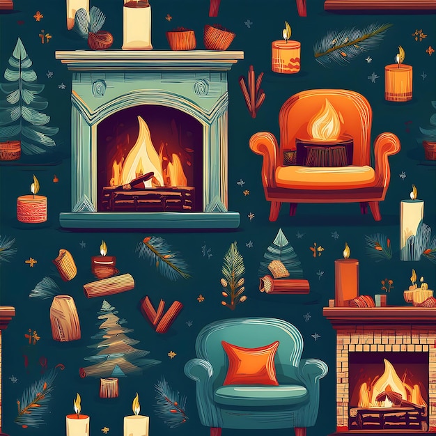 Photo cozy fireplace and home decor seamless pattern icons winter themed wallpaper with chimney fireplace christmas tree graphic art illustration ai generated