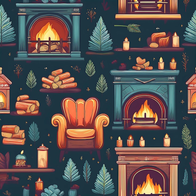 Cozy Fireplace and Home Decor seamless pattern Icons winter themed wallpaper with chimney fireplace Christmas tree Graphic art illustration