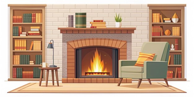 Photo cozy fireplace isolated on white background reading nook near fireplace concept vector flat illustration