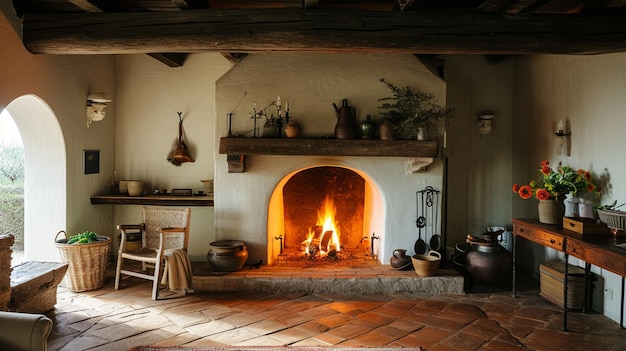 Cozy fireplace in a Mediterranean farmhouse living room Generative Ai