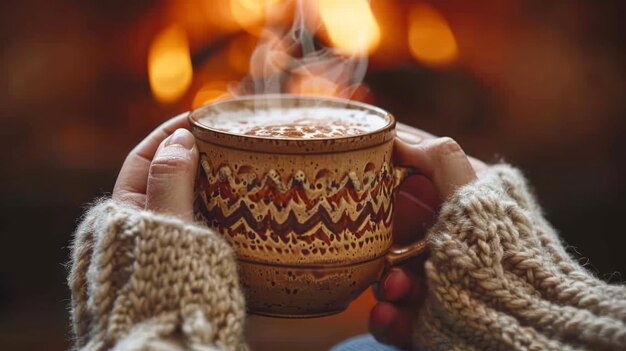 Photo cozy fireplace scene with hands cradling a warm mug of hot toddy