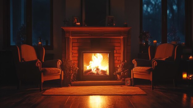 Photo cozy fireplace scene with wooden furniture