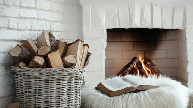 Photo cozy fireplace with a book and logs