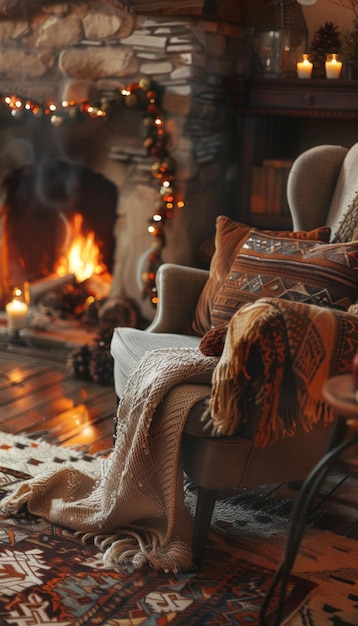 Cozy fireplace with crackling fire autumn decor and armchair with throw blanket