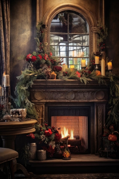 A cozy fireplace with holiday decorations created with generative ai