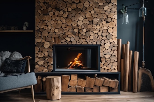 Cozy fireplace with stacked logs Generative AI