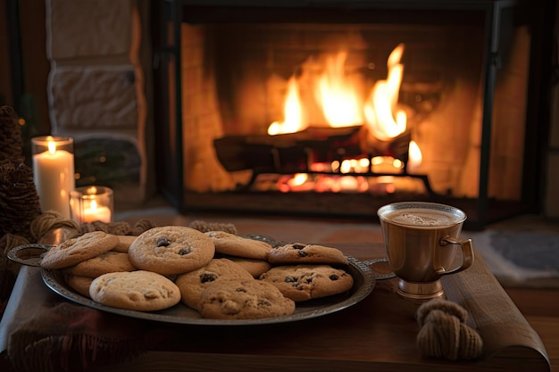 A cozy fireplace with a tray of hot chocolate and cookies on the mantel created with generative ai