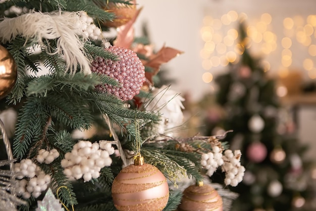 Cozy flat apartment room with green Christmas Tree decorations