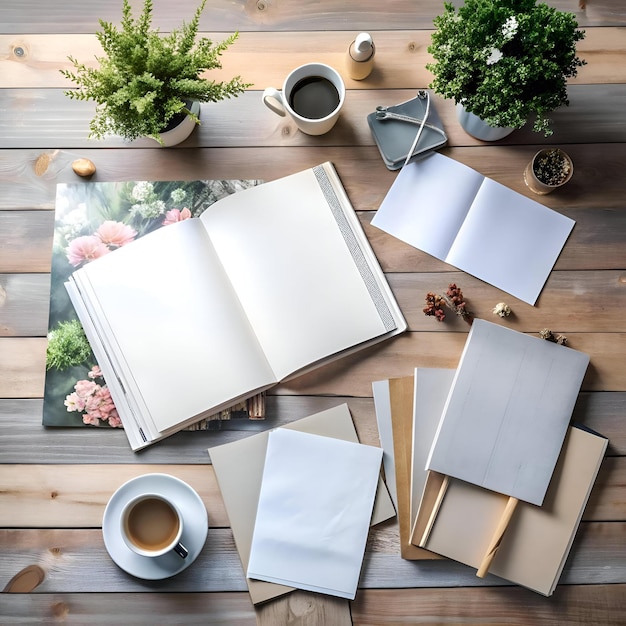 Photo cozy flatlay featuring an open notebook coffee cups blank paper and plants on a rustic wooden table