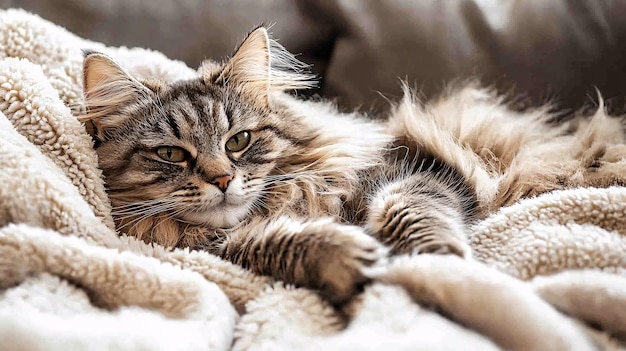 Cozy Fluffy Cat Taking a Nap on Plush Blanket with Paws Tucked Under Its Body Keywords