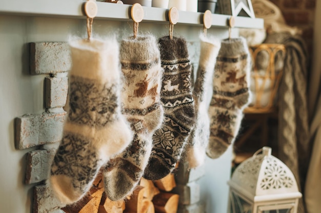 Cozy fluffy wool knitted warm socks with reindeer over the fireplace in the cottage christmas mood