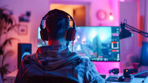 Photo cozy gamer streaming setup with neon lights and professional equipment influencer is live streaming from their comfortable workstation with streaming gear and a vibrant creative environment