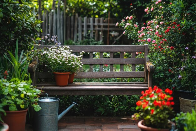 A cozy garden bench surrounded by vibrant flowers and greenery in bloom during springtime