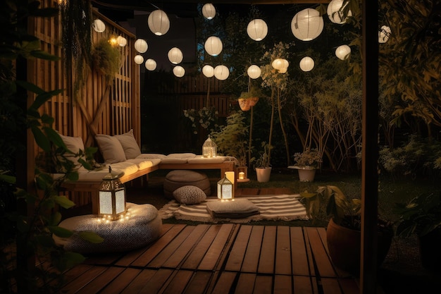 Cozy garden setting with lanterns and string lights creating a warm and inviting atmosphere