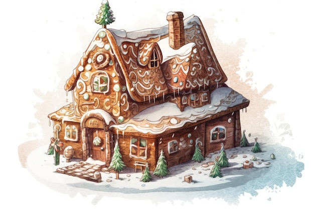 Cozy gingerbread house covered in snow created with Generative AI technology