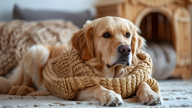 Cozy Golden Retriever Dog Resting at Home in Sweater Next to Doghouse