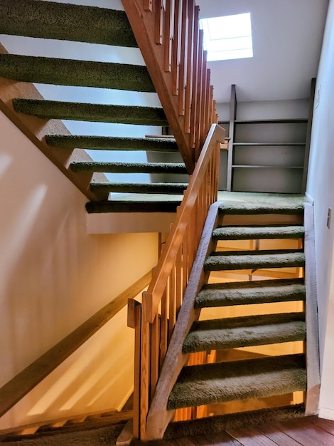 Cozy Green Carpeted Staircase with Wooden Banister in Sunlit Home Interior