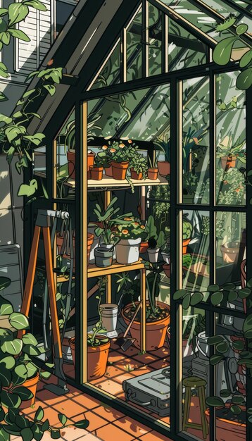 Cozy Greenhouse Scene with Homeowner Pruning Potted Plants in Sunlit Garden Room