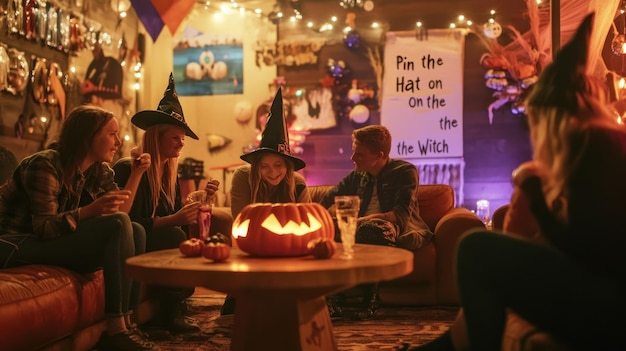 Photo a cozy halloween gathering with friends featuring a carved pumpkin and festive decorations