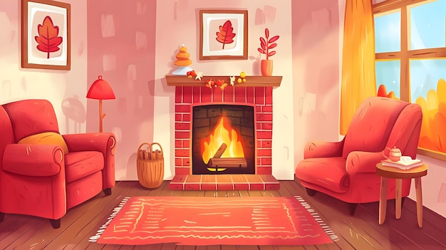 Cozy Halloween Illustration Pumpkin by the Fireplace with Autumnal Background