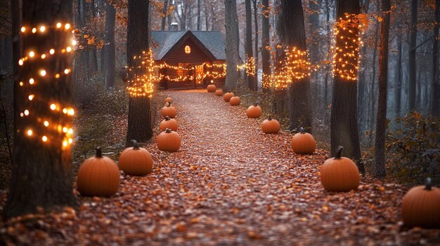 Photo cozy halloween pathway with pumpkins and lights