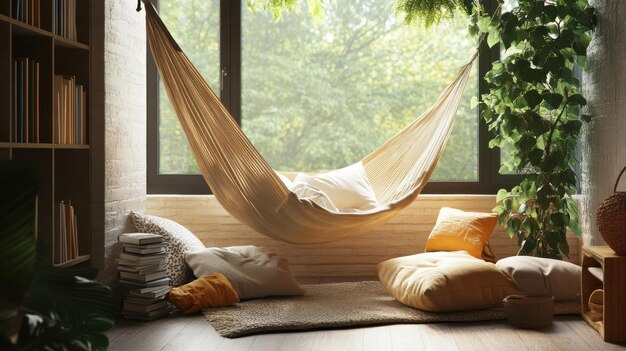 Photo a cozy hammock by a large window in a relaxing reading nook surrounded by cushions books and plants creating a peaceful atmosphere