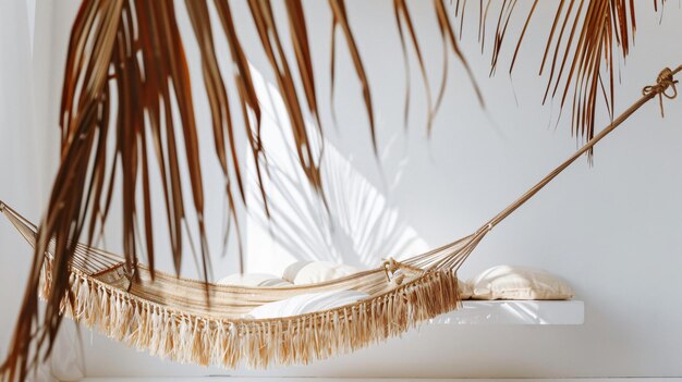 Photo cozy hammock with dried palm leaves aesthetic bohemian