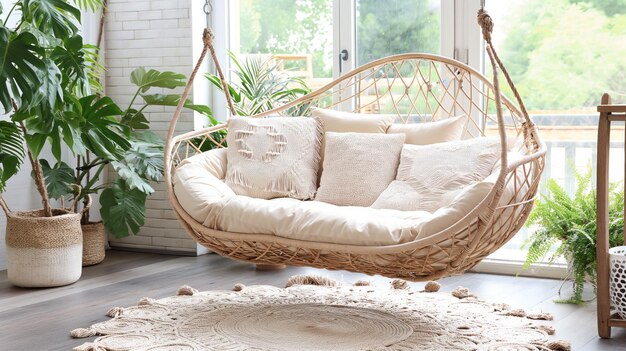 Photo cozy hanging sofa on the terrace in a boho style on a sunny day with natural light shown from the front view with pastel colors