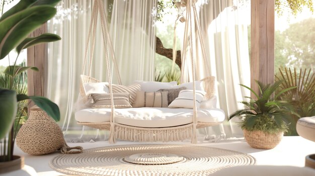 Photo cozy hanging sofa on the terrace in a boho style on a sunny day with natural light shown from the front view with pastel colors