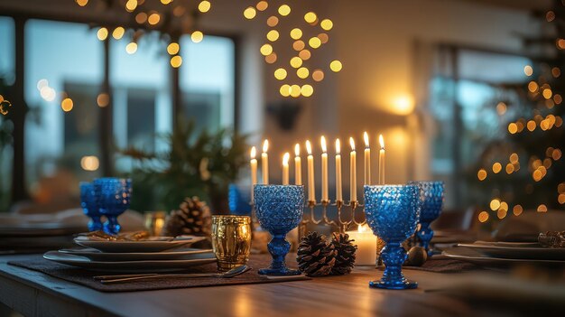 Photo cozy hanukkah table setting with menorah dreidels and gelt