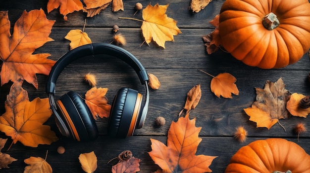 Photo cozy headphones surrounded by vibrant autumn leaves perfect for a relaxing fall playlist