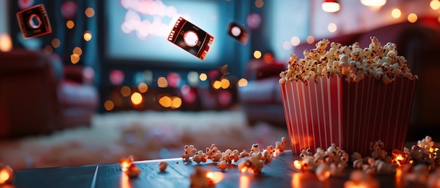 Photo a cozy holiday movie marathon scene featuring popcorn and film reels creating warm and inviting atmosphere