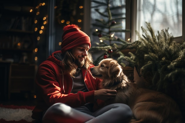 Photo cozy holiday scene with a man and his dog in front of christmas tree ai generated content