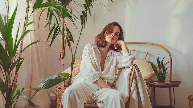 Photo cozy home atmosphere stylish woman in linen clothes sitting on chair over bed and ho generative ai