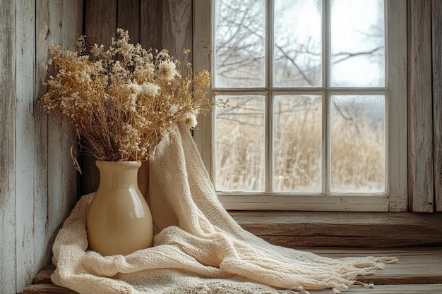 Photo cozy home background with dried flowers in a vase in the interior