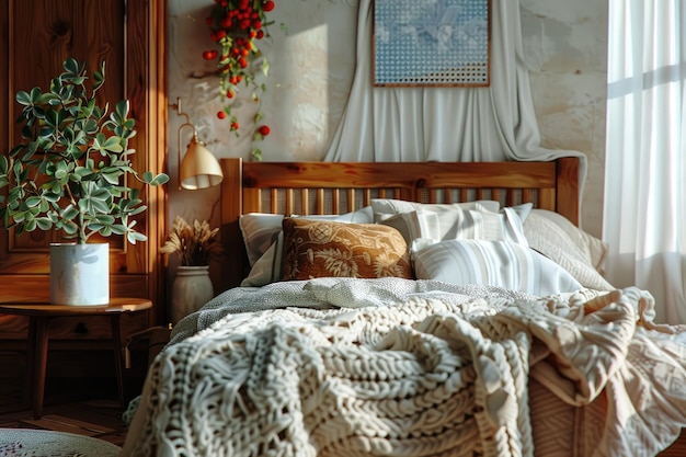 Cozy home bedroom interior with bed soft blankets and pillows