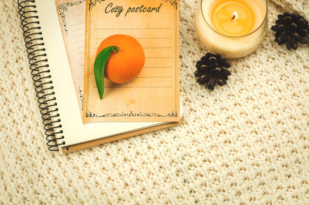 Cozy home comfort concept winter template, background of knitted sweaters, books and tangerines, copy space composition photo