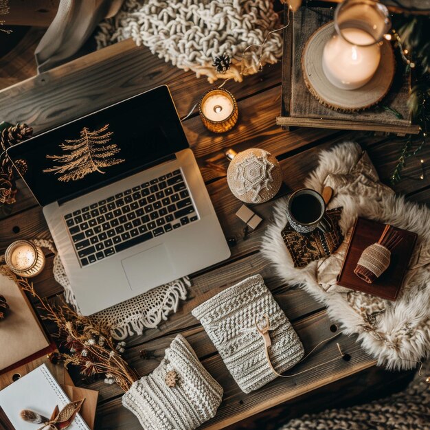 Photo cozy home desk setup with holiday hygge elements featuring a festive and comforting arrangement