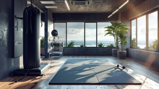 Photo cozy home gym interior with punching bag and mat mirror and panoramic window