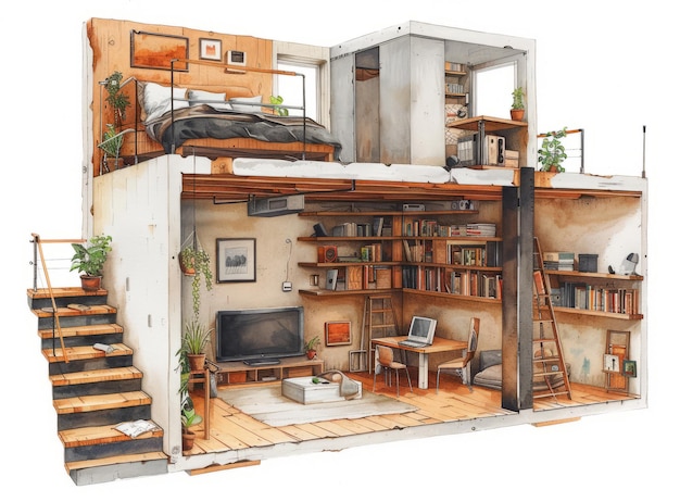 Cozy home interior cutaway illustration