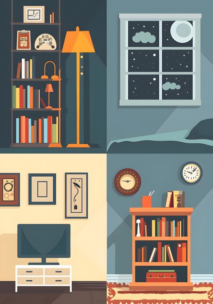 Photo cozy home interior design illustration with bookshelves and night view