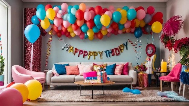 cozy home interior with birthday party decorations pink balloons birthday garland on white wall an